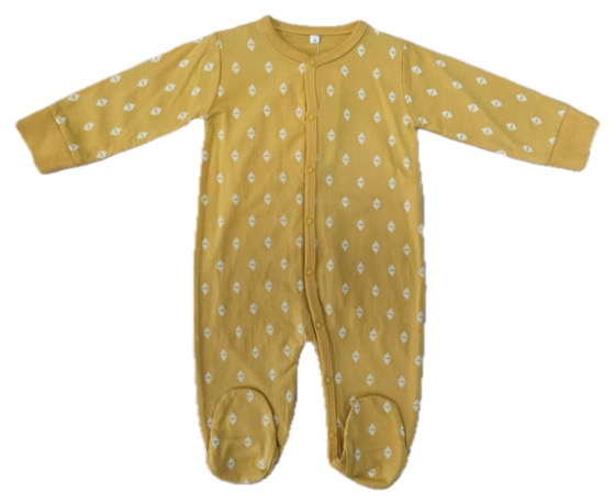 mustard yellow footed sleepsuit, white diamond print