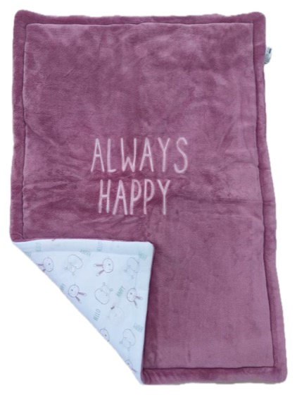 mauve fleece ALWAYS HAPPY blanket, bunny print reverse
