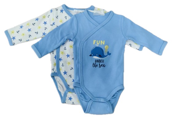 two long-sleeve side-snap bodysuits, blue whale and anchors