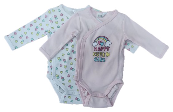 pink/white two-pack long-sleeve heart print wrap bodysuits