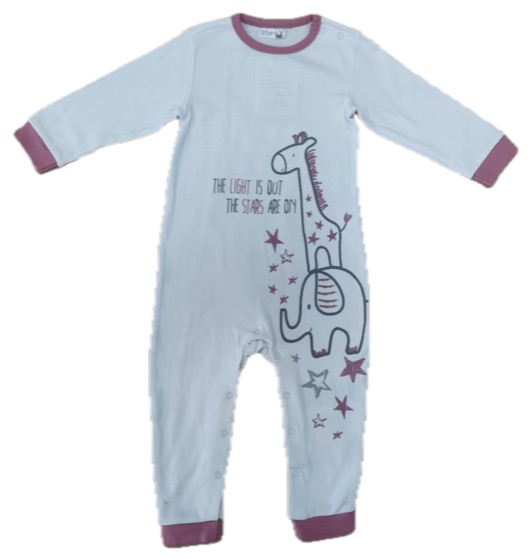 white romper with pink trim, elephant and stars print