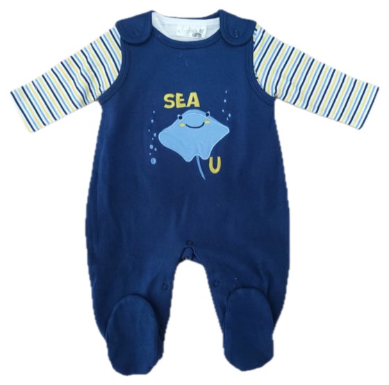navy footed sleepsuit with stingray print, striped sleeves