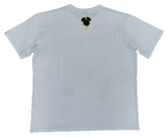 white tee with small Mickey lightning chest embroidery
