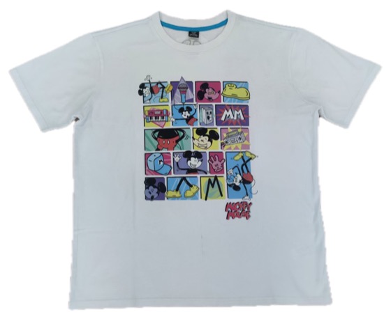 white tee with retro Mickey and friends grid print