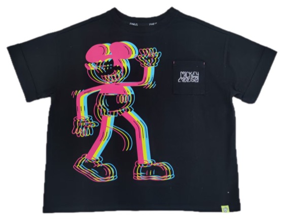 black tee with CMYK glitch Mickey print and pocket