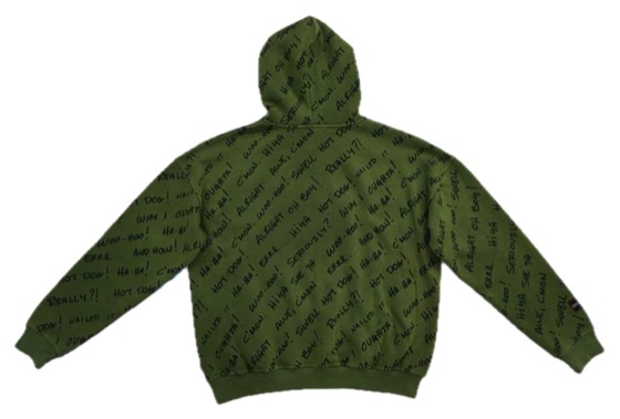 olive Mickey catchphrase scribble print hoodie, back view