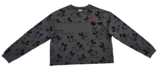 charcoal comic Mickey sweatshirt with orange WOW embroidery