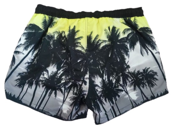 palm tree sunset print swim shorts, back view