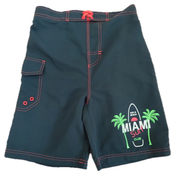 dark green Miami palm-tree board shorts, orange stitching