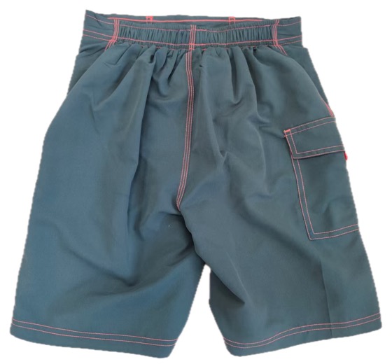 teal shorts with coral contrast stitching, back view